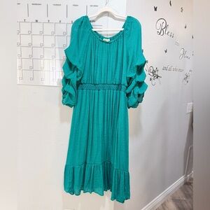 Teal Ruffle-Sleeve Casual Midi Dress Women's Size 2X Elastic Waist